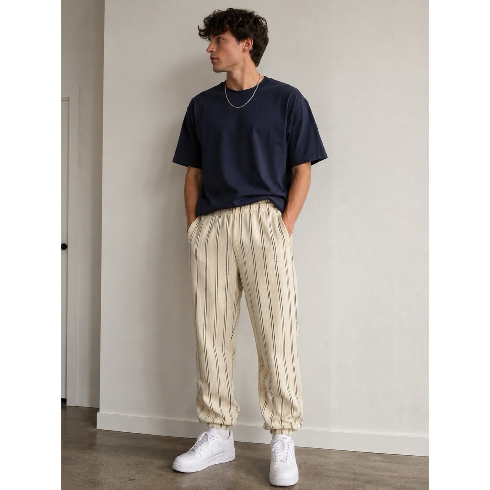 KITH SS22 Striped Jogger Sweatpants Men's XS Cream Beige Pinstripe Baseball